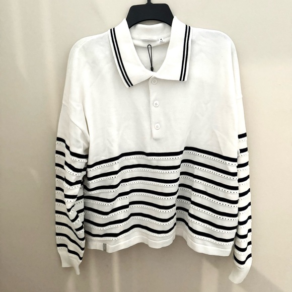 The Upside White Navy Wonder Striped Cotton Polo Collared Sweater - Picture 2 of 16